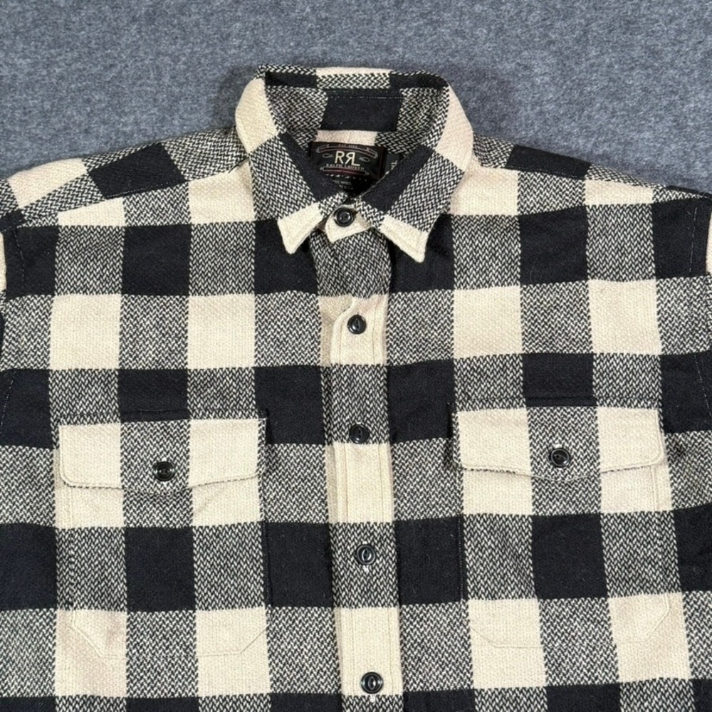 VTG RRL Ralph Lauren Mens XL Wool Buffalo Plaid Work Shirt Black Cream USA NWT - Picture 3 of 12